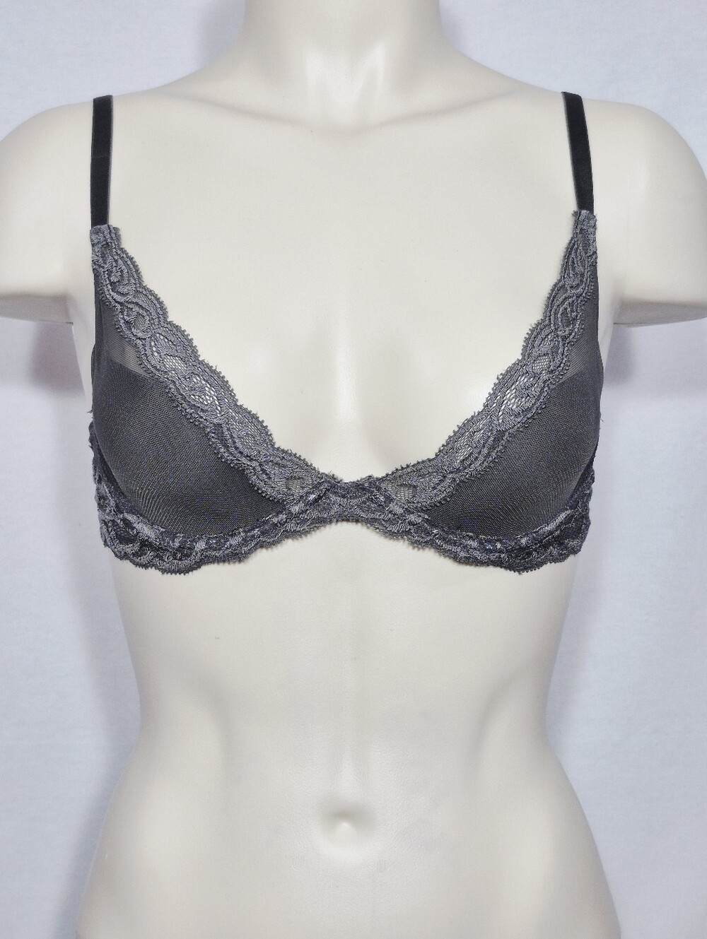 32B Natori 730023 Feathers Lace Trim Underwire Bra Gunmwtal Gray